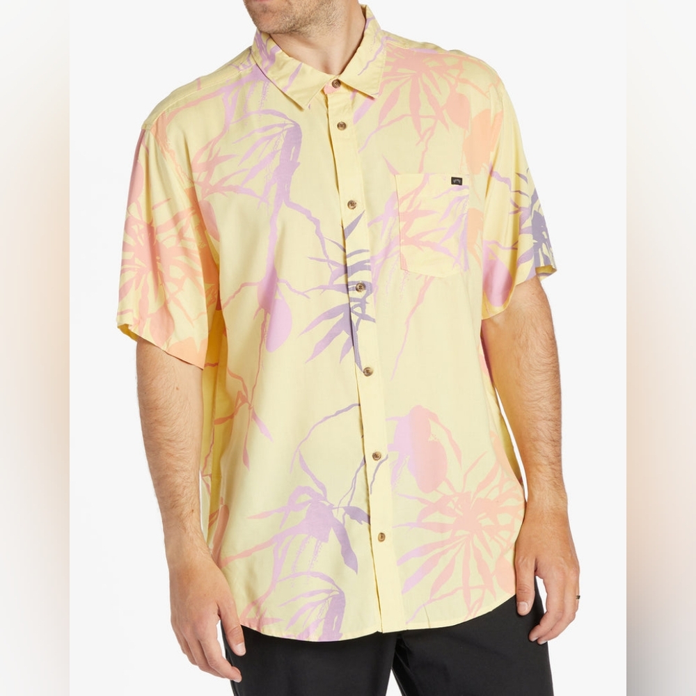 Mens Large Yellow Billabong Floral shirt Collared Dress Casual NWT
